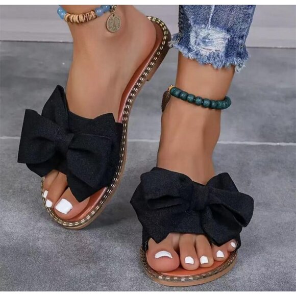Women's Black Brown Bow Knot Open Toe Slip On Slides Flat Slippers Sandals - Picture 4 of 5